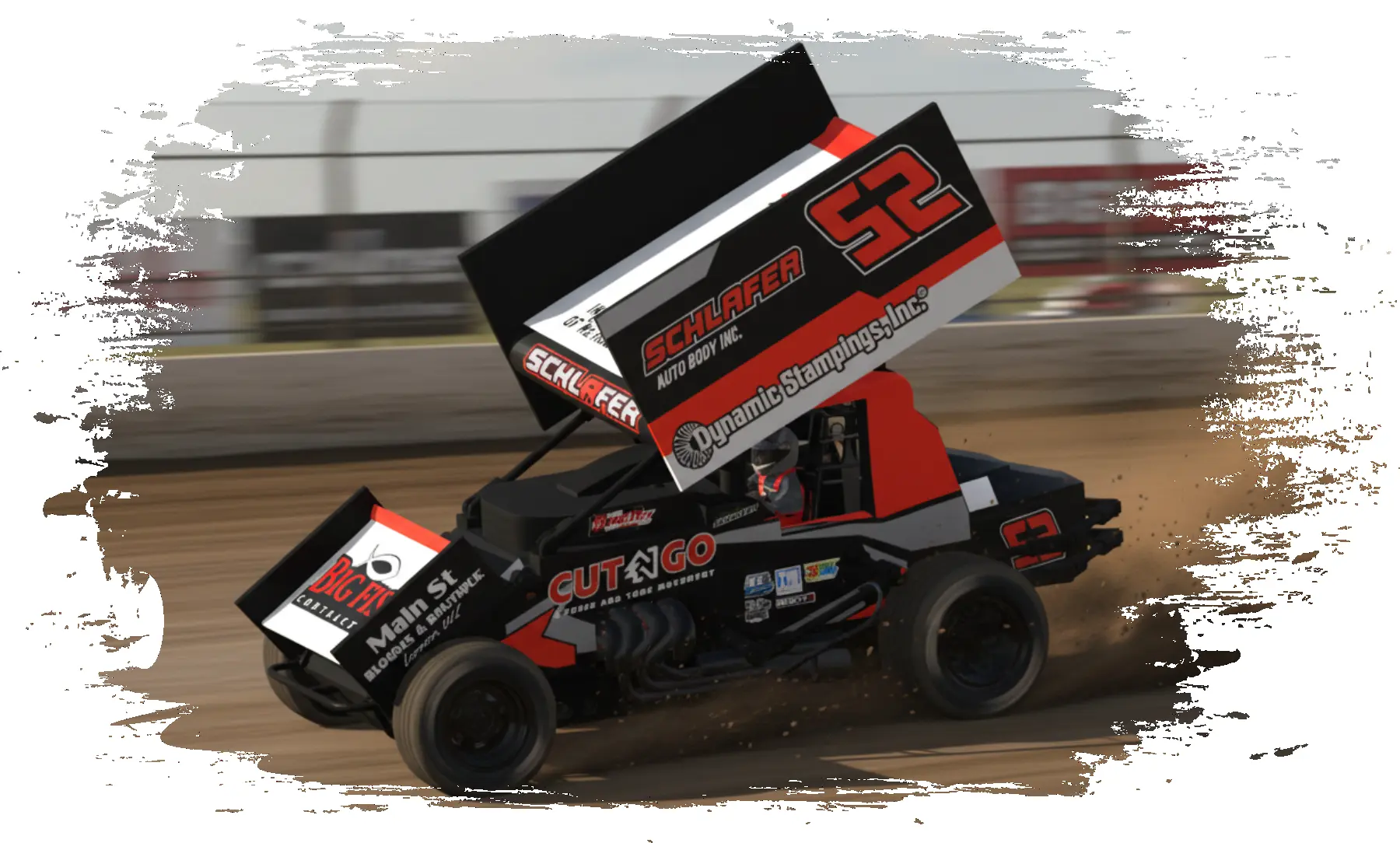 BrickinFast Winged Sprint Car in action on dirt track with dynamic motion and custom brick-built graphics