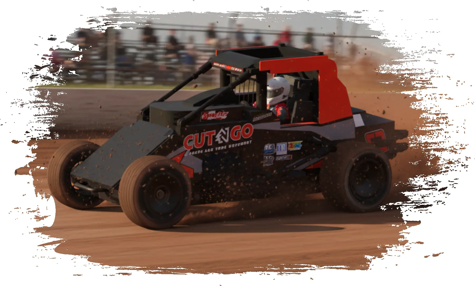 BrickinFast Wingless Sprint Car racing on dirt track with mud flying, high-detail custom brick-built design