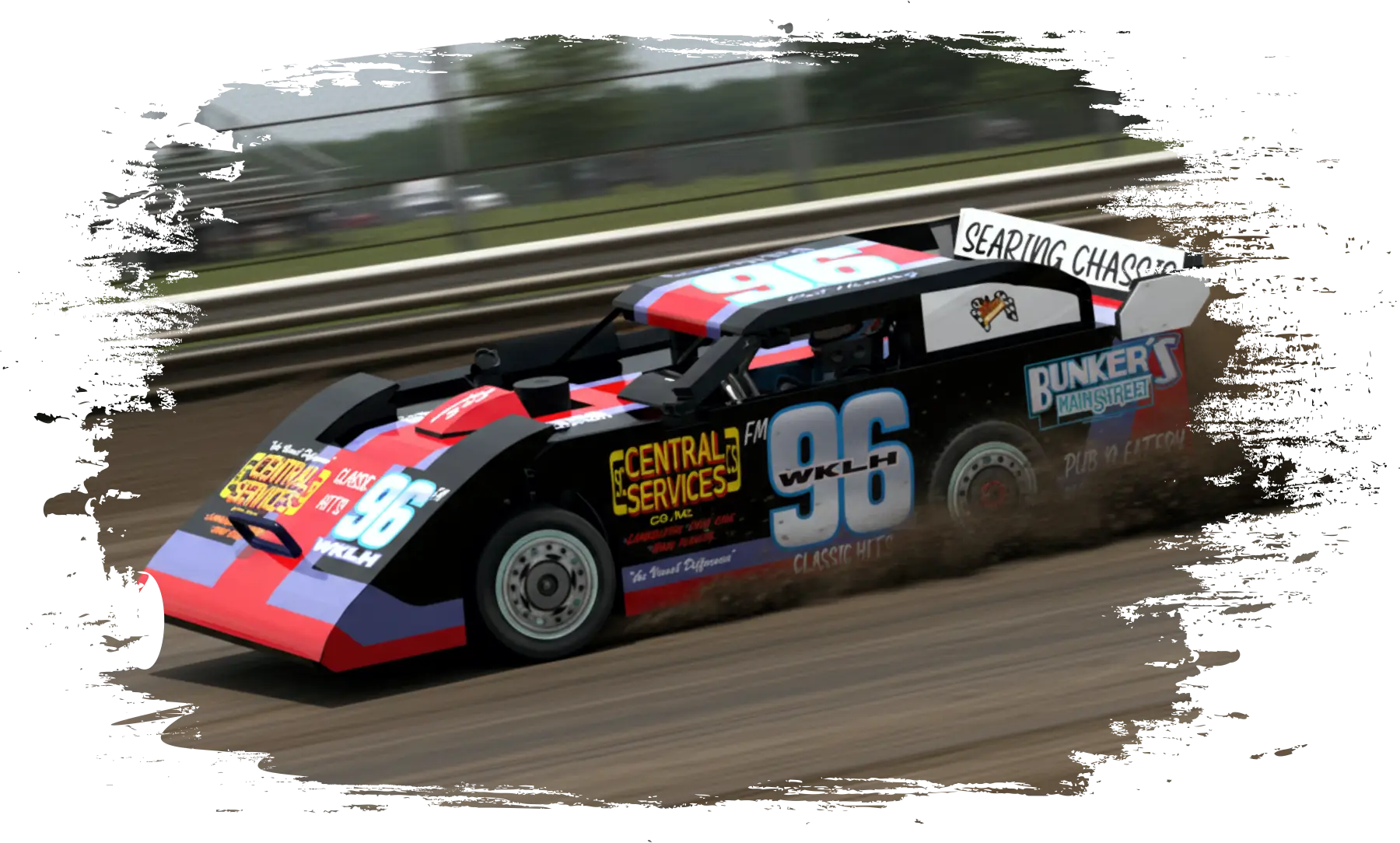 BrickinFast 1990s dirt late model replica racing on a dirt track, custom LEGO-style race car with detailed graphics
