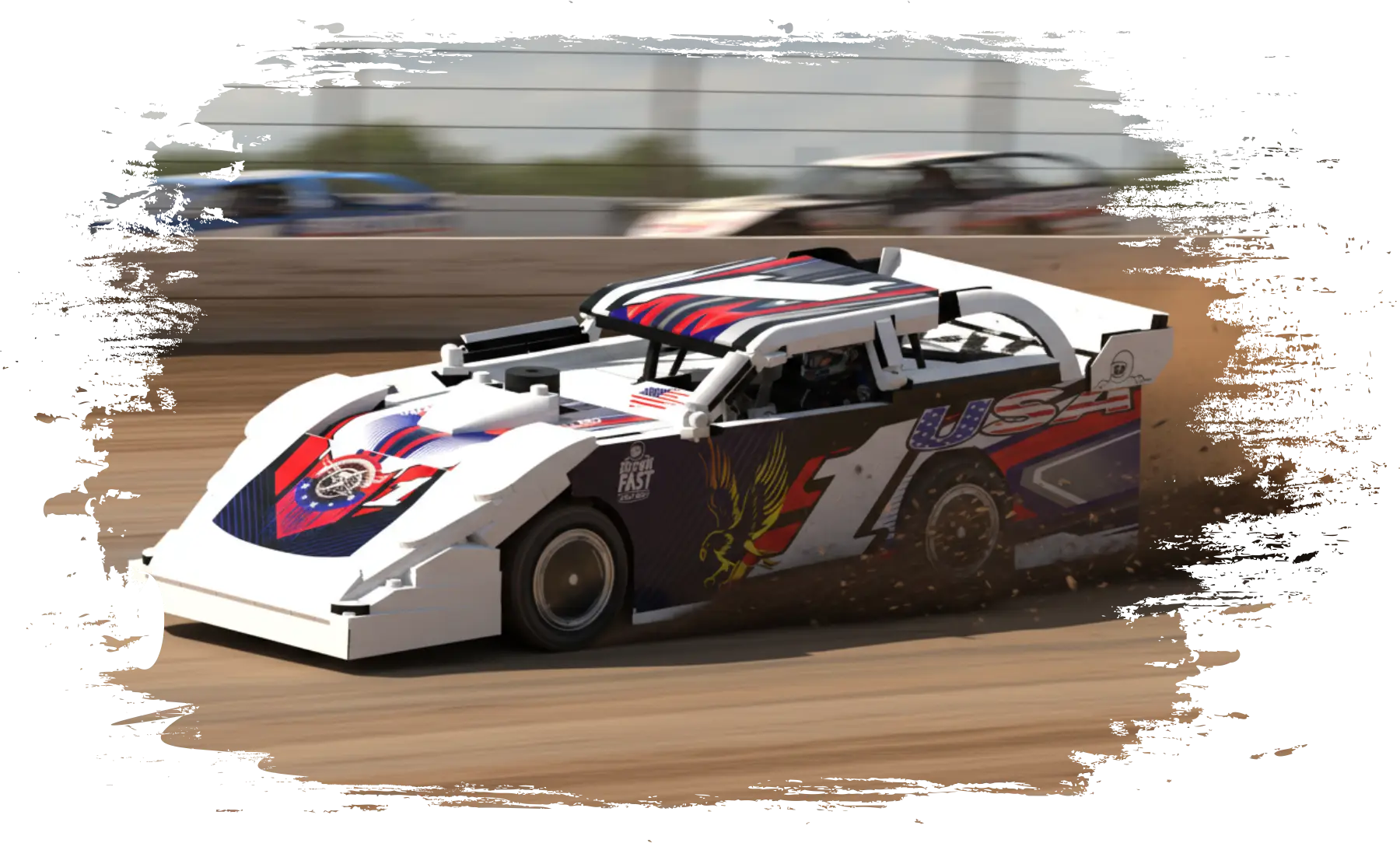 BrickinFast dirt late model racecar LEGO-style kit on a dirt track
