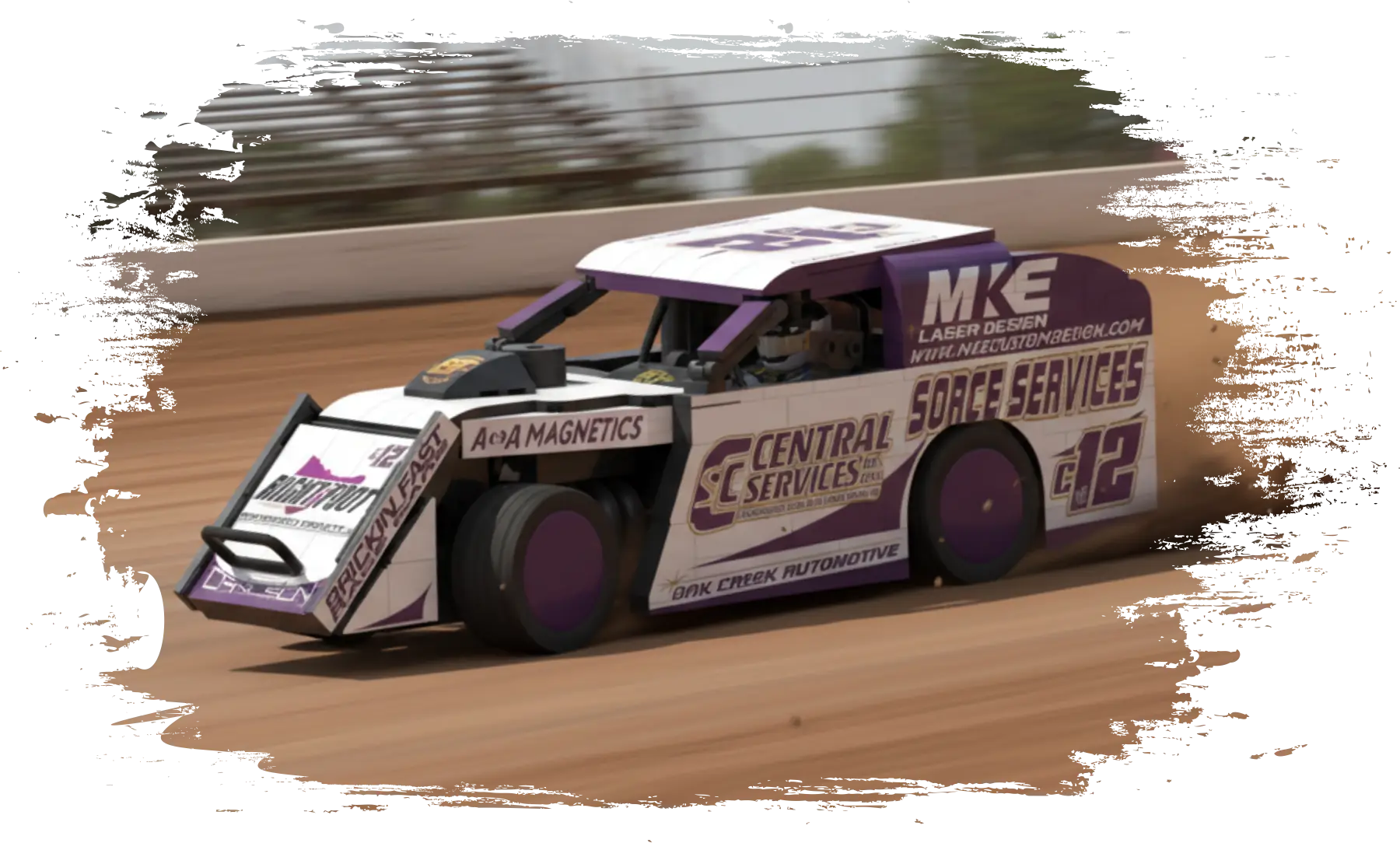 LEGO-style Dirt Modified Race Car C12 kicking up dirt on a clay track — custom brick-built design by BrickinFast Race Cars