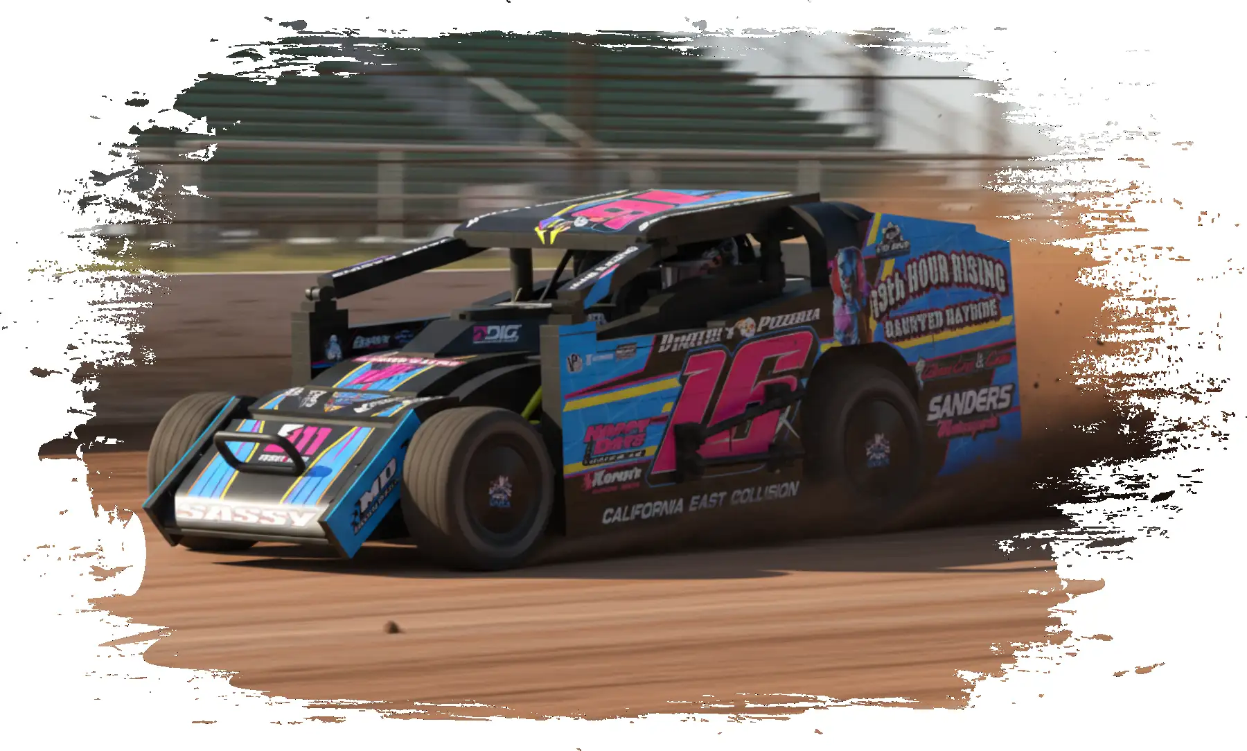 BrickinFast NE-Modified brick-built dirt track race car kicking up clay with colorful retro graphics on a high-speed slide